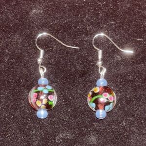 Floral Glass Bead Earrings with Blue Accents